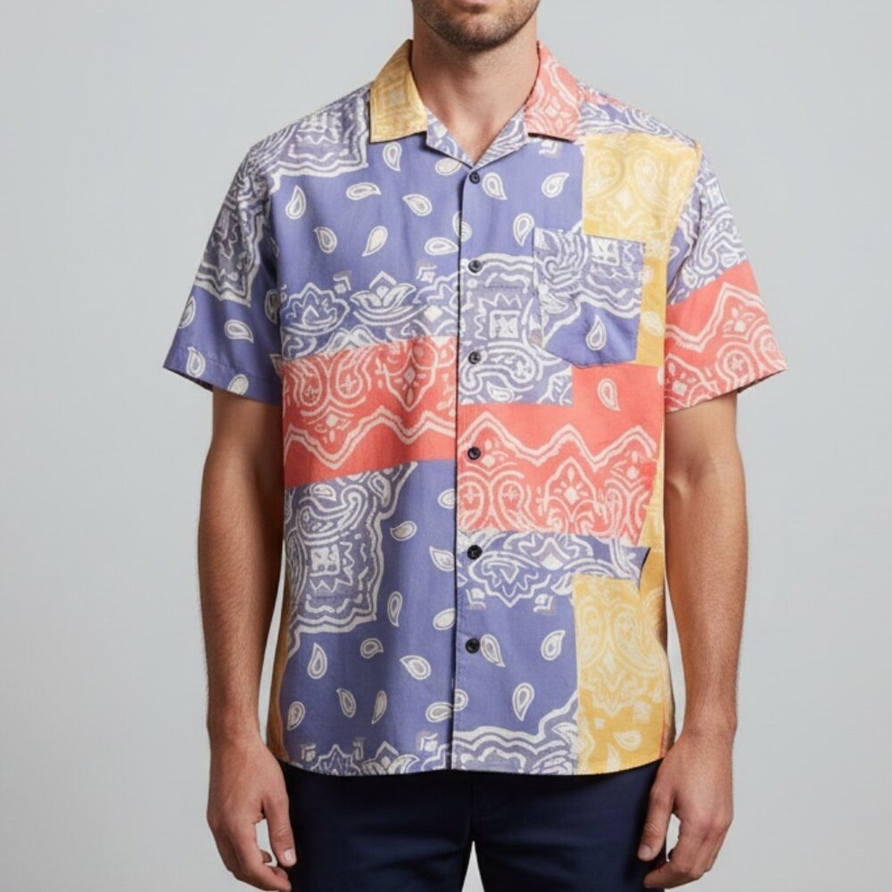Negative Space Patchwork Bandana Print Shirt Multicolor Button Top Men's M